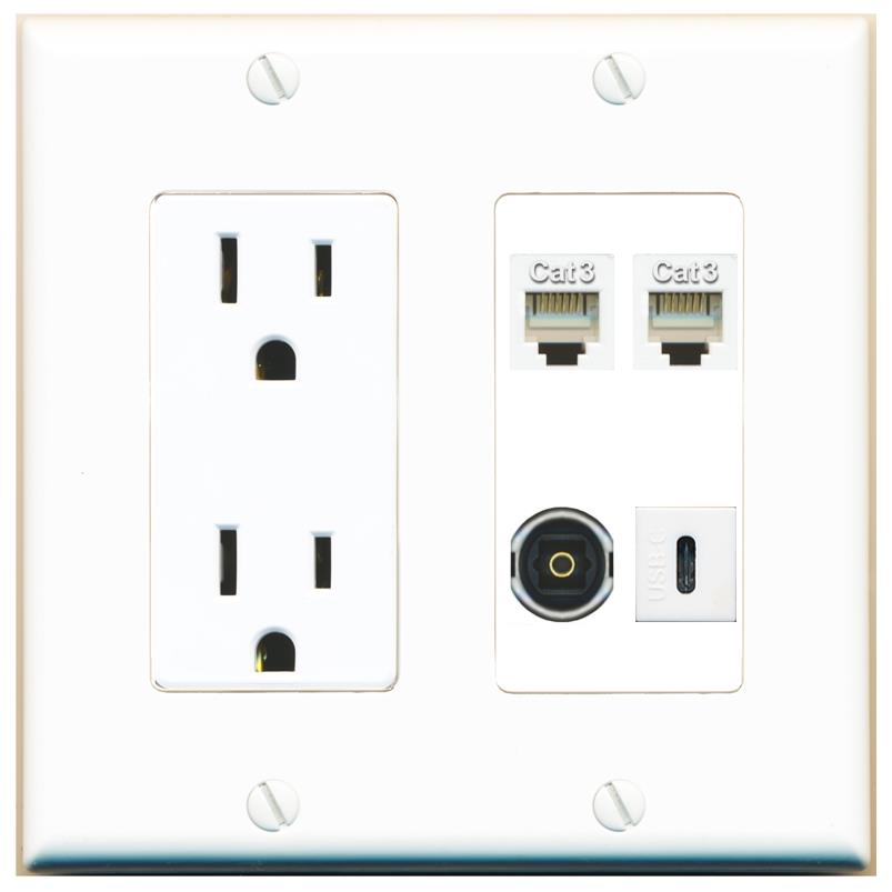 RiteAV 2 PHONE TOSLINK USBC Wall Plate with 15A Power Outlet [White]