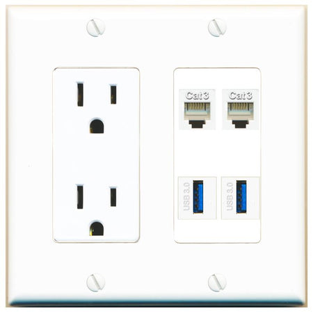 RiteAV 2 PHONE 2 USB-3 Wall Plate with 15A Power Outlet [White]