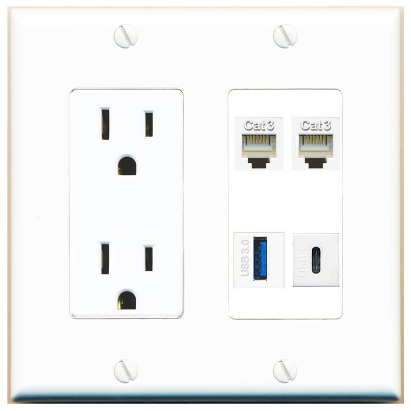 RiteAV 2 PHONE USB-3 USBC Wall Plate with 15A Power Outlet [White]