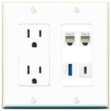 RiteAV 2 PHONE USB-3 USBC Wall Plate with 15A Power Outlet [White]