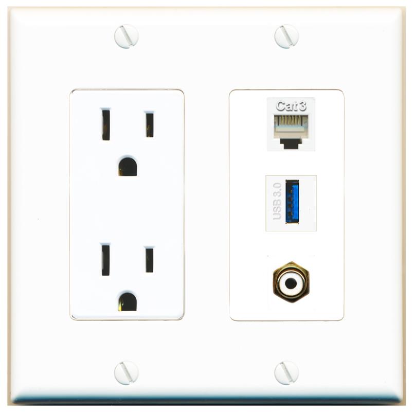 1 PHONE 1 RCA-WHITE 1 USB-3 Wall Plate [White]