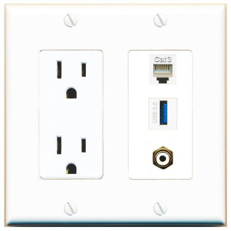 1 PHONE 1 RCA-WHITE 1 USB-3 Wall Plate [White]