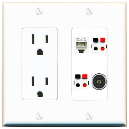RiteAV PHONE 2 SPEAKER TOSLINK Wall Plate with 15A Power Outlet [White]