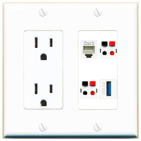 RiteAV PHONE 2 SPEAKER USB-3 Wall Plate with 15A Power Outlet [White]