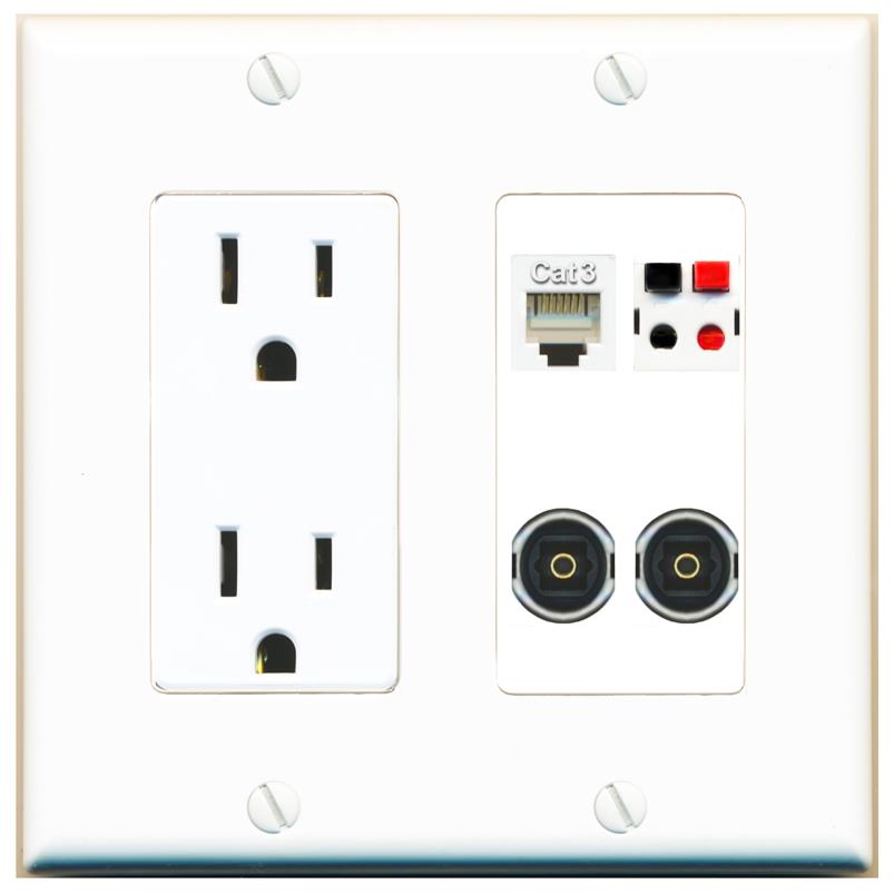 RiteAV PHONE SPEAKER 2 TOSLINK Wall Plate with 15A Power Outlet [White]
