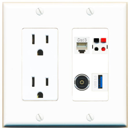 RiteAV PHONE SPEAKER TOSLINK USB-3 Wall Plate with 15A Power Outlet [White]