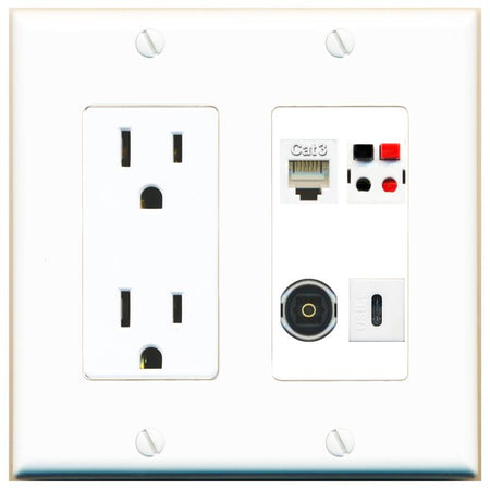 RiteAV PHONE SPEAKER TOSLINK USBC Wall Plate with 15A Power Outlet [White]
