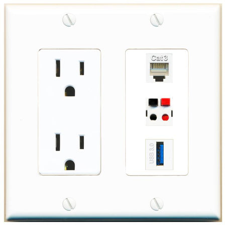 1 PHONE 1 SPEAKER 1 USB-3 Wall Plate [White]