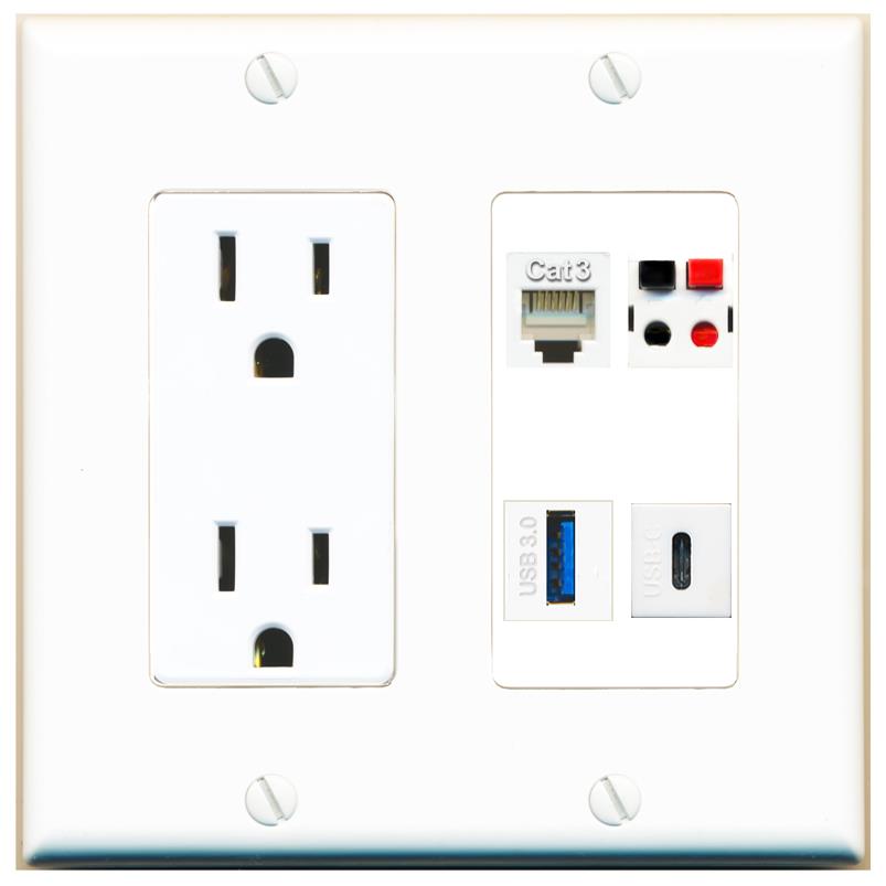 RiteAV PHONE SPEAKER USB-3 USBC Wall Plate with 15A Power Outlet [White]