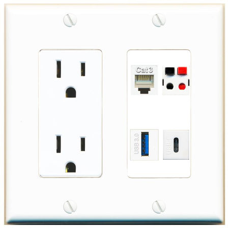RiteAV PHONE SPEAKER USB-3 USBC Wall Plate with 15A Power Outlet [White]