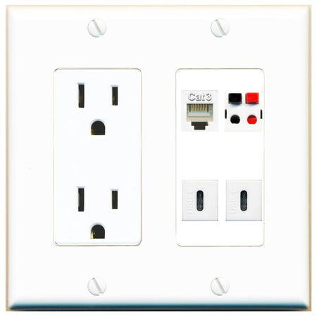 RiteAV PHONE SPEAKER 2 USBC Wall Plate with 15A Power Outlet [White]