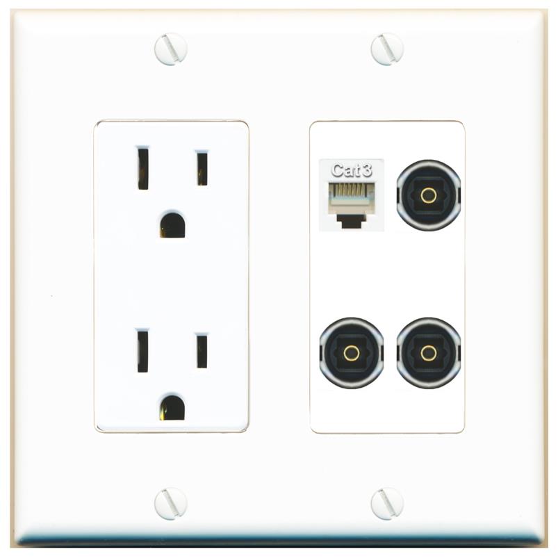 RiteAV PHONE 3 TOSLINK Wall Plate with 15A Power Outlet [White]