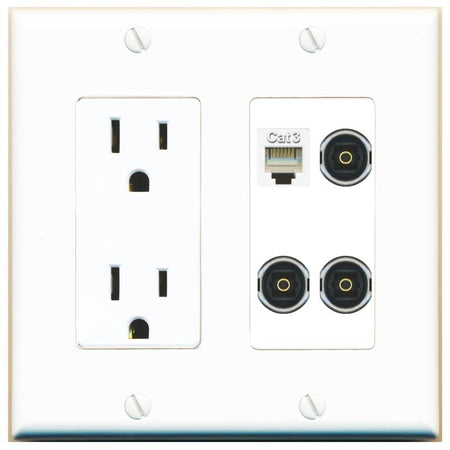 RiteAV PHONE 3 TOSLINK Wall Plate with 15A Power Outlet [White]
