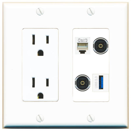 RiteAV PHONE 2 TOSLINK USB-3 Wall Plate with 15A Power Outlet [White]