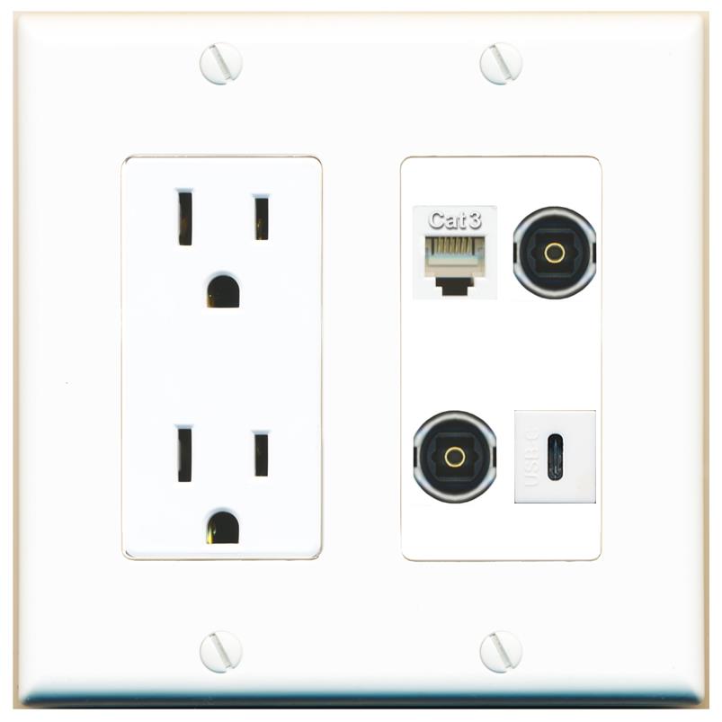 RiteAV PHONE 2 TOSLINK USBC Wall Plate with 15A Power Outlet [White]