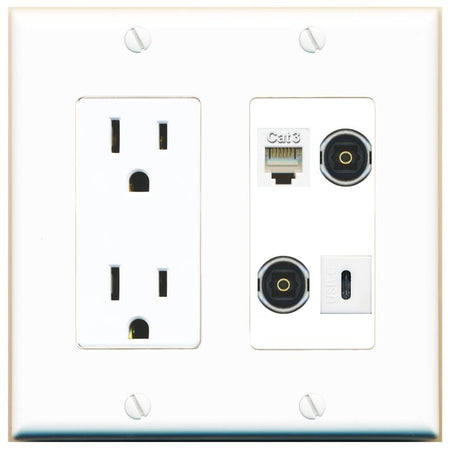 RiteAV PHONE 2 TOSLINK USBC Wall Plate with 15A Power Outlet [White]