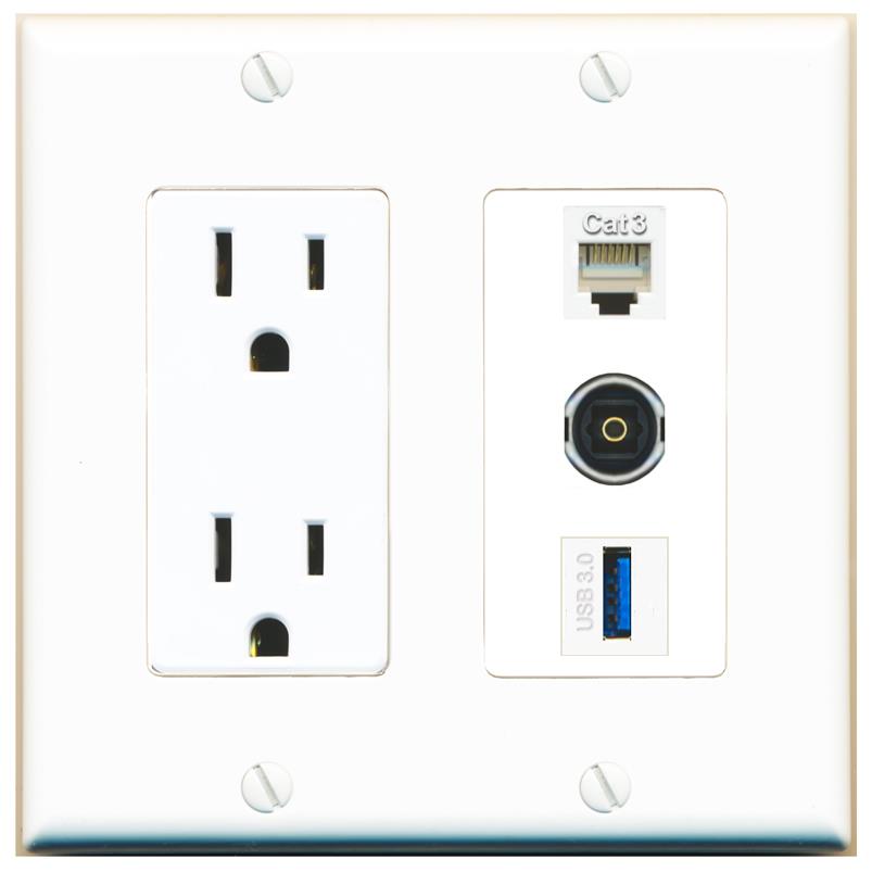 1 PHONE 1 TOSLINK 1 USB-3 Wall Plate [White]