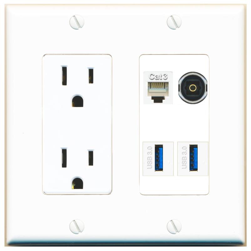 RiteAV PHONE TOSLINK 2 USB-3 Wall Plate with 15A Power Outlet [White]