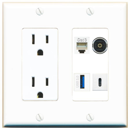 RiteAV PHONE TOSLINK USB-3 USBC Wall Plate with 15A Power Outlet [White]