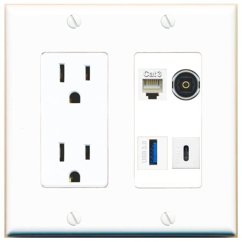 RiteAV PHONE TOSLINK USB-3 USBC Wall Plate with 15A Power Outlet [White]
