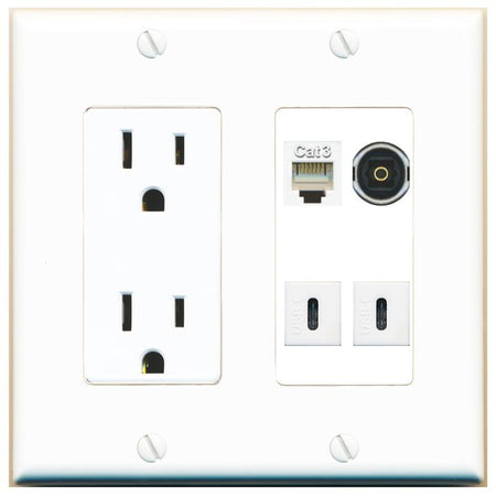 RiteAV PHONE TOSLINK 2 USBC Wall Plate with 15A Power Outlet [White]
