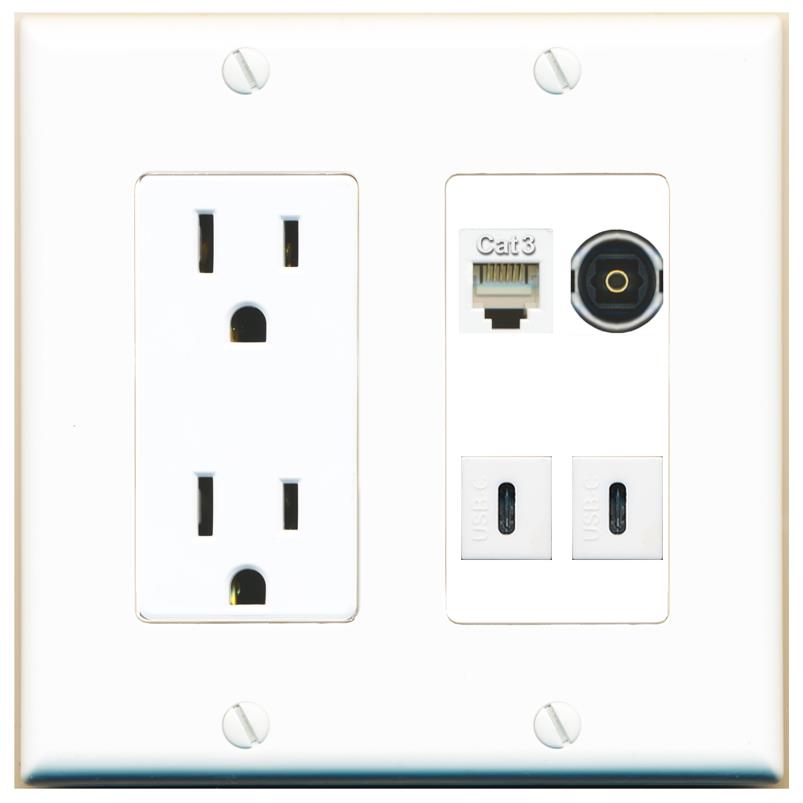 RiteAV PHONE TOSLINK 2 USBC Wall Plate with 15A Power Outlet [White]