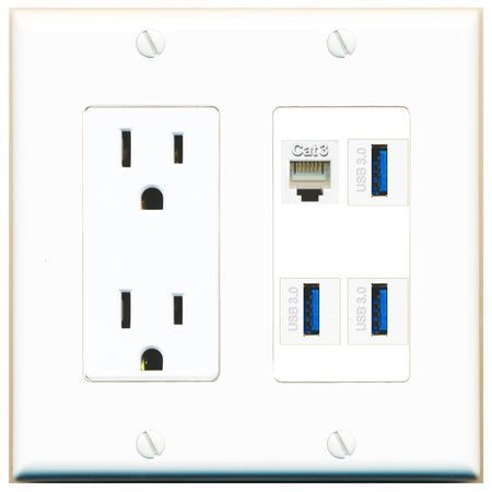 RiteAV PHONE 3 USB-3 Wall Plate with 15A Power Outlet [White]