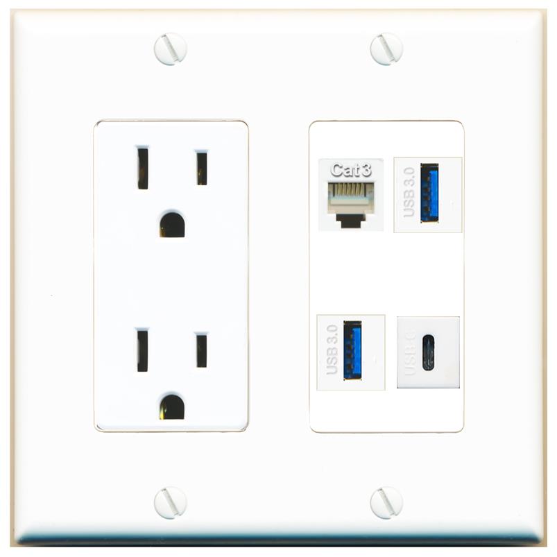 RiteAV PHONE 2 USB-3 USBC Wall Plate with 15A Power Outlet [White]