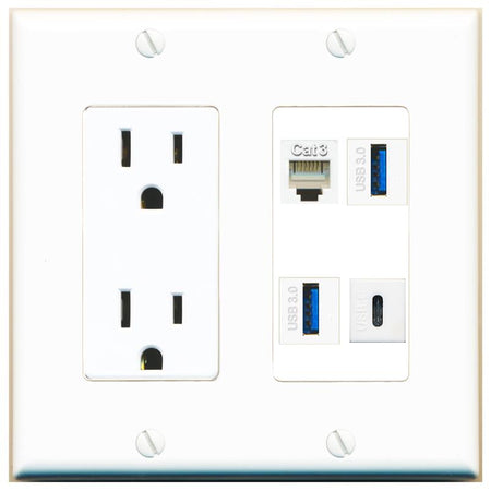 RiteAV PHONE 2 USB-3 USBC Wall Plate with 15A Power Outlet [White]