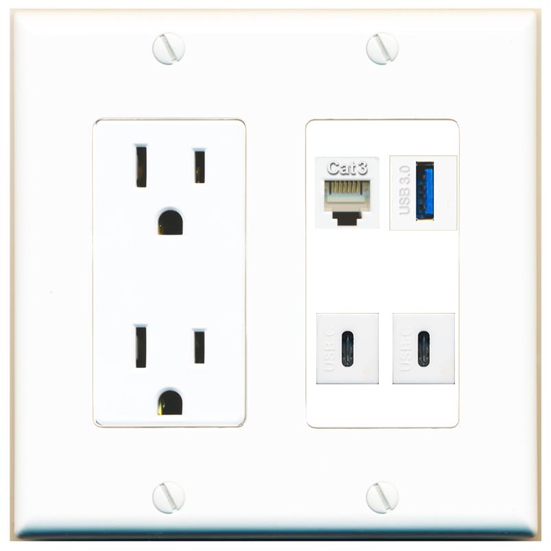 RiteAV PHONE USB-3 2 USBC Wall Plate with 15A Power Outlet [White]