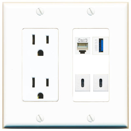 RiteAV PHONE USB-3 2 USBC Wall Plate with 15A Power Outlet [White]