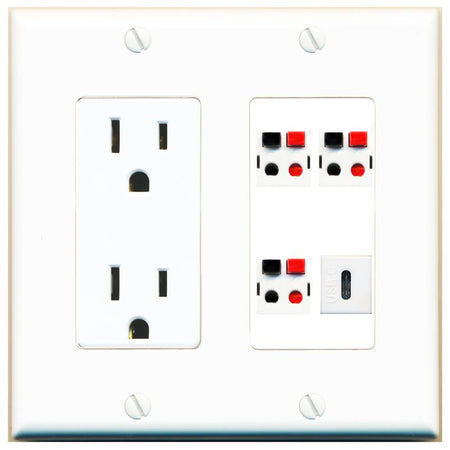 RiteAV 3 SPEAKER USBC Wall Plate with 15A Power Outlet [White]