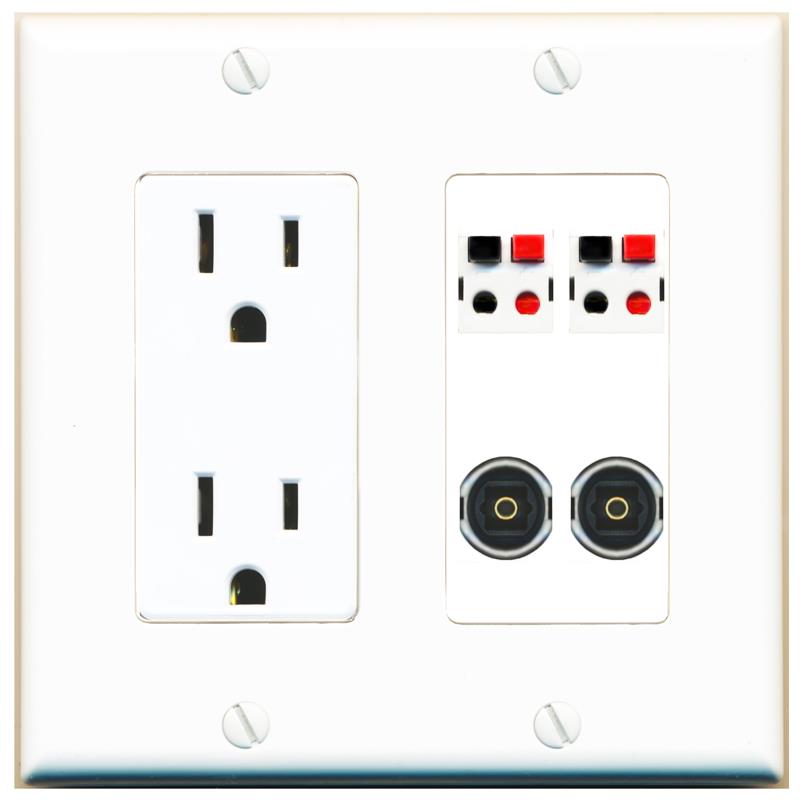 RiteAV 2 SPEAKER 2 TOSLINK Wall Plate with 15A Power Outlet [White]