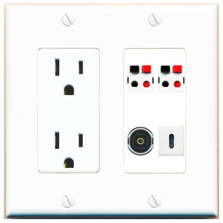 RiteAV 2 SPEAKER TOSLINK USBC Wall Plate with 15A Power Outlet [White]