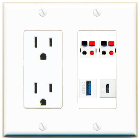 RiteAV 2 SPEAKER USB-3 USBC Wall Plate with 15A Power Outlet [White]
