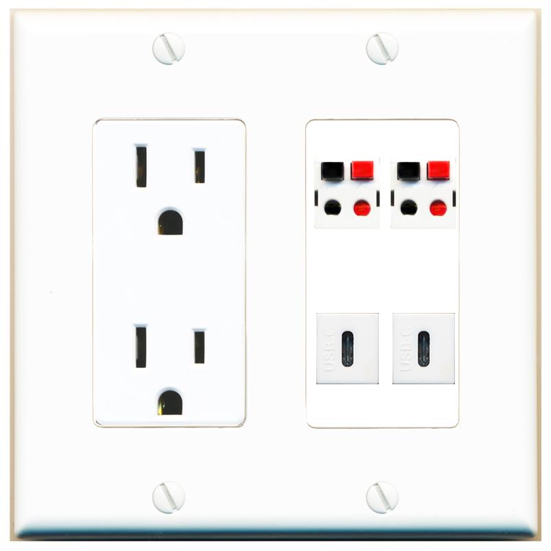 RiteAV 2 SPEAKER 2 USBC Wall Plate with 15A Power Outlet [White]