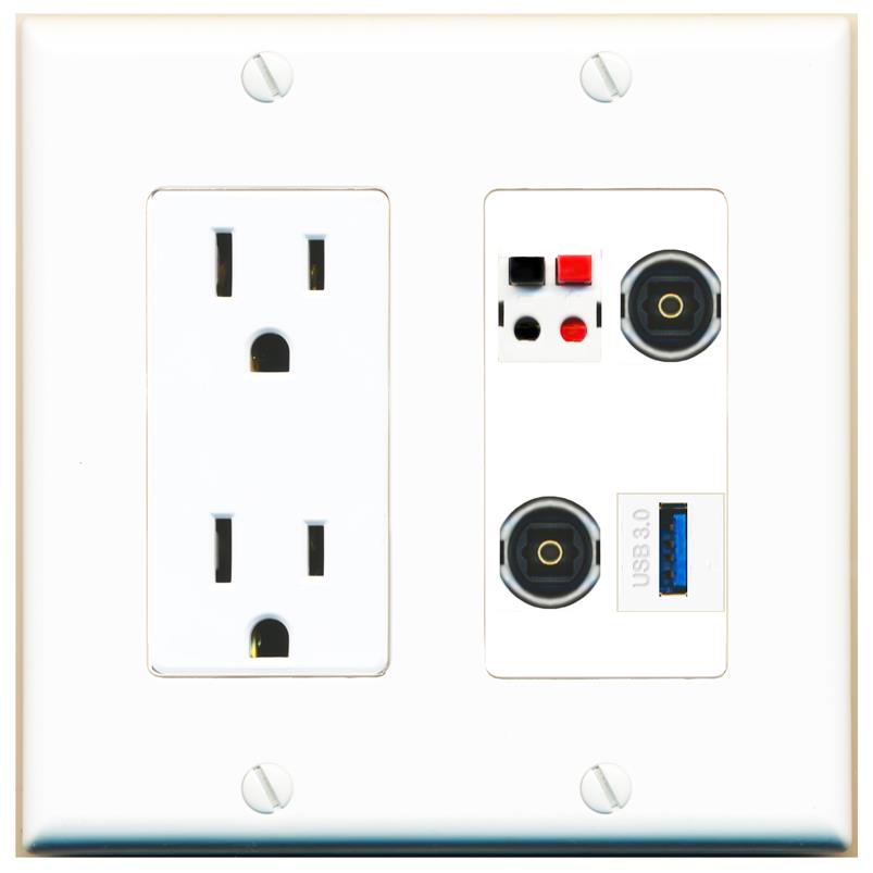 RiteAV SPEAKER 2 TOSLINK USB-3 Wall Plate with 15A Power Outlet [White]