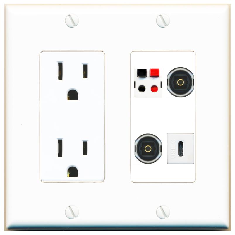 RiteAV SPEAKER 2 TOSLINK USBC Wall Plate with 15A Power Outlet [White]
