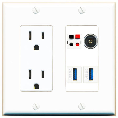 RiteAV SPEAKER TOSLINK 2 USB-3 Wall Plate with 15A Power Outlet [White]