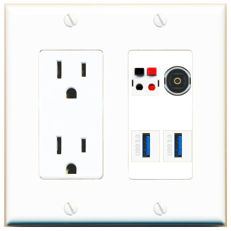 RiteAV SPEAKER TOSLINK 2 USB-3 Wall Plate with 15A Power Outlet [White]