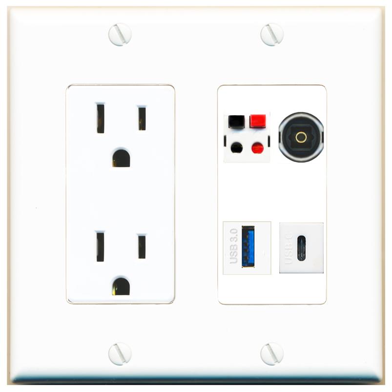 RiteAV SPEAKER TOSLINK USB-3 USBC Wall Plate with 15A Power Outlet [White]