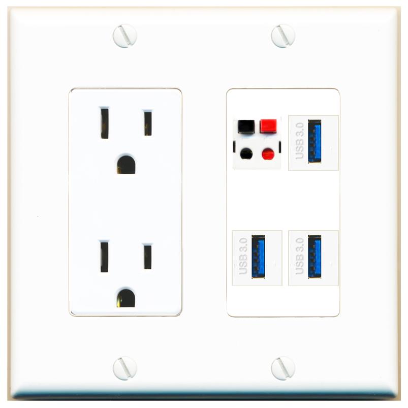 RiteAV SPEAKER 3 USB-3 Wall Plate with 15A Power Outlet [White]