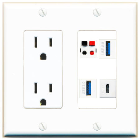 RiteAV SPEAKER 2 USB-3 USBC Wall Plate with 15A Power Outlet [White]