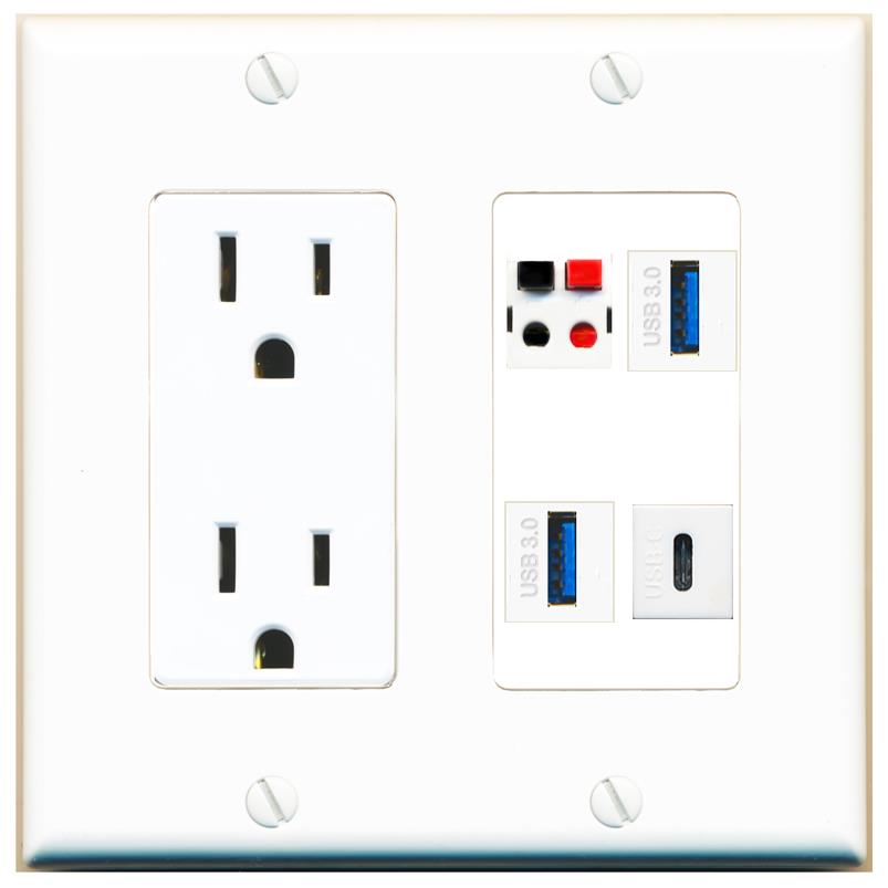 RiteAV SPEAKER 2 USB-3 USBC Wall Plate with 15A Power Outlet [White]
