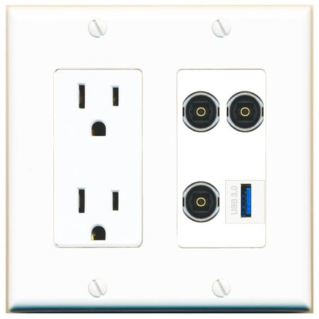 RiteAV 3 TOSLINK USB-3 Wall Plate with 15A Power Outlet [White]