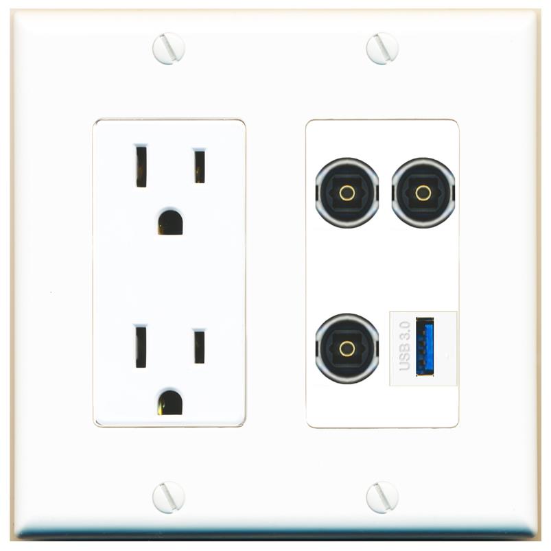 RiteAV 3 TOSLINK USB-3 Wall Plate with 15A Power Outlet [White]