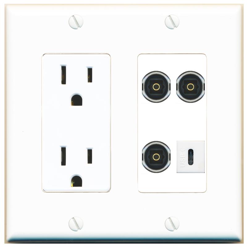 RiteAV 3 TOSLINK USBC Wall Plate with 15A Power Outlet [White]
