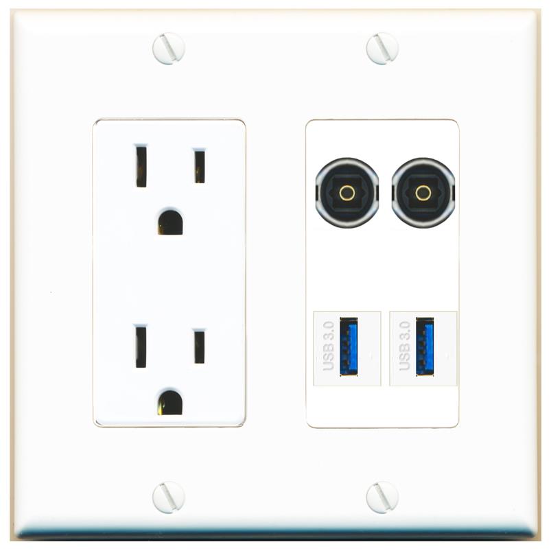 RiteAV 2 TOSLINK 2 USB-3 Wall Plate with 15A Power Outlet [White]
