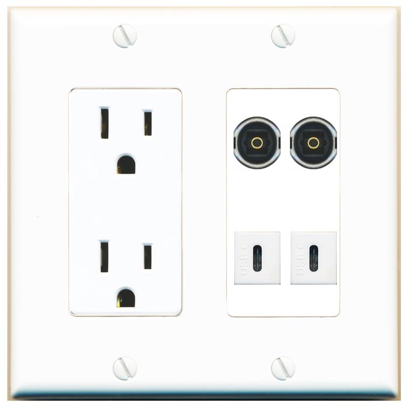 RiteAV 2 TOSLINK 2 USBC Wall Plate with 15A Power Outlet [White]
