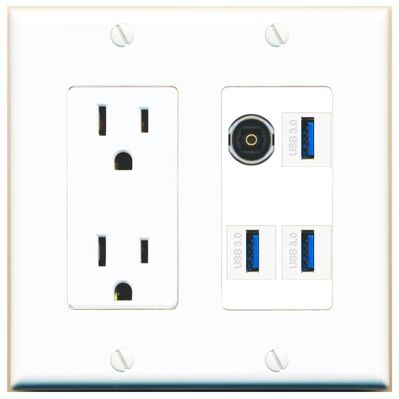 RiteAV TOSLINK 3 USB-3 Wall Plate with 15A Power Outlet [White]